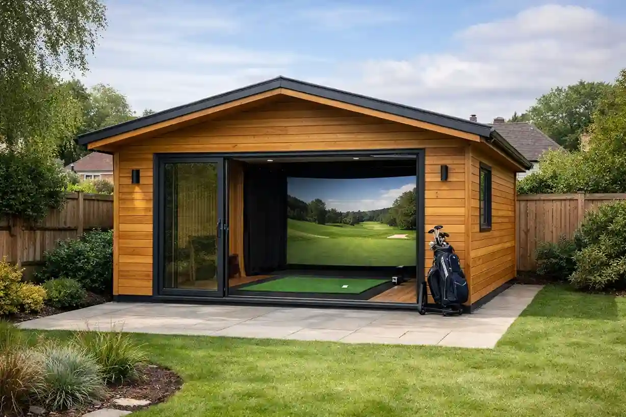 Timber garden room with golf simulator and screen projection