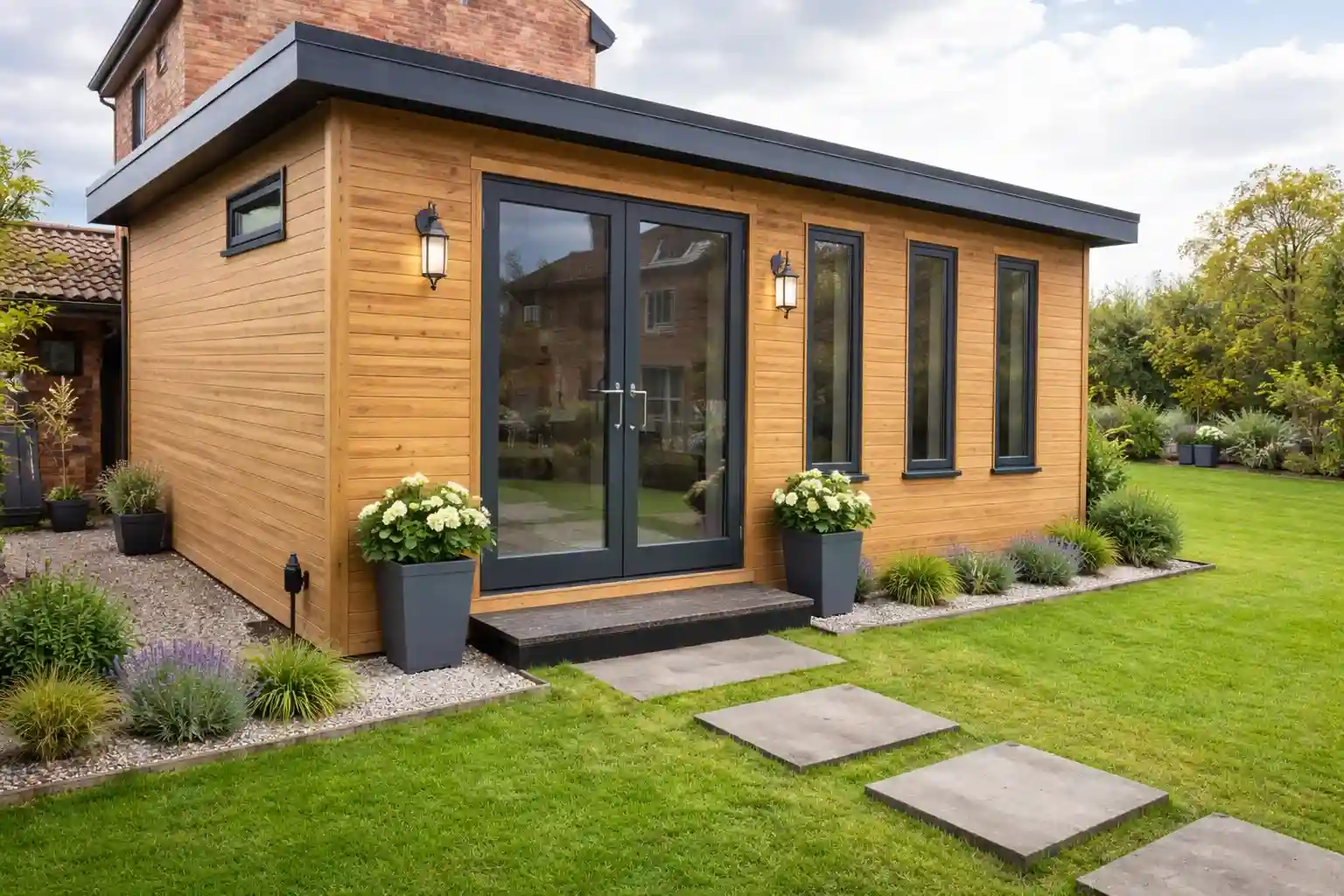 Timber garden room surrounded by landscaped garden