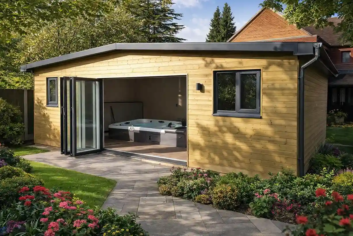 Garden room with bi-fold doors opening to an indoor hot tub