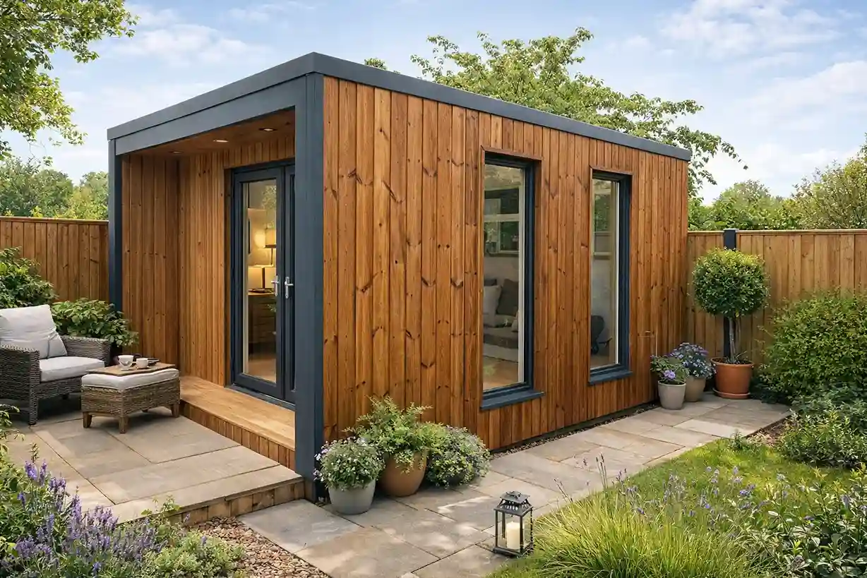 Contemporary garden room with cedar cladding, bi-fold doors and patio seating area