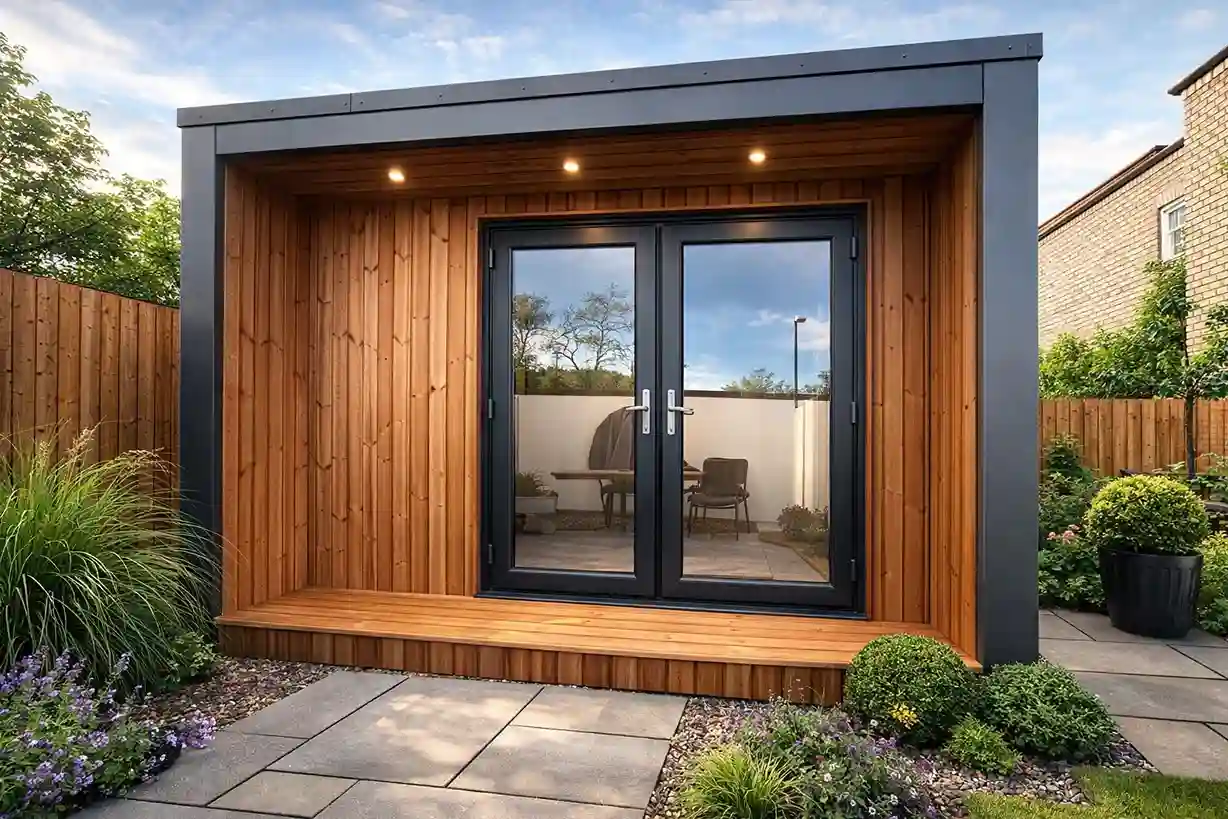 Garden room with recessed lighting and double doors opening to a paved courtyard